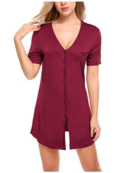 Avidlove Women's Nightshirt Short Sleeve Button Down Nightgown V-Neck Boyfriend Sleepshirt Pajama Dress