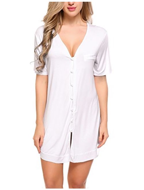 Avidlove Women's Nightshirt Short Sleeve Button Down Nightgown V-Neck Boyfriend Sleepshirt Pajama Dress