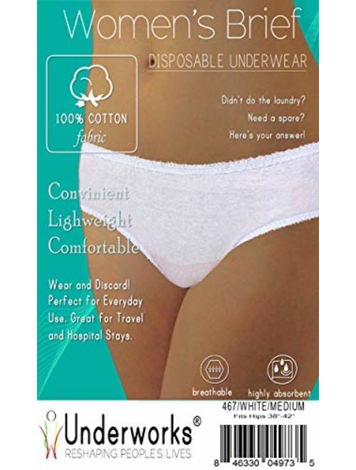 Underworks 20-Pack Womens Disposable 100% Cotton Underwear - for Travel- Hospital Stays- Emergencies