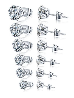 Stainless Steel Stud Earrings Hypoallergenic Cubic Zirconia (6Pairs)