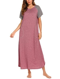 Long Nightgown,Womens Loungewear Short Sleeve Sleepwear Full Length Sleep Shirt with Pockets