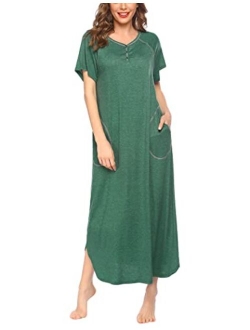 Long Nightgown,Womens Loungewear Short Sleeve Sleepwear Full Length Sleep Shirt with Pockets