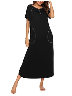 Long Nightgown,Womens Loungewear Short Sleeve Sleepwear Full Length Sleep Shirt with Pockets