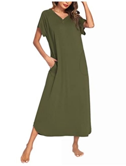 Long Nightgown,Womens Loungewear Short Sleeve Sleepwear Full Length Sleep Shirt with Pockets