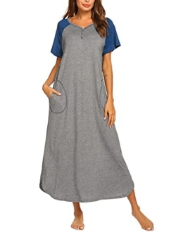 Long Nightgown,Womens Loungewear Short Sleeve Sleepwear Full Length Sleep Shirt with Pockets