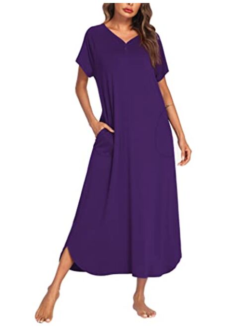 Ekouaer Long Nightgown,Womens Loungewear Short Sleeve Sleepwear Full Length Sleep Shirt with Pockets