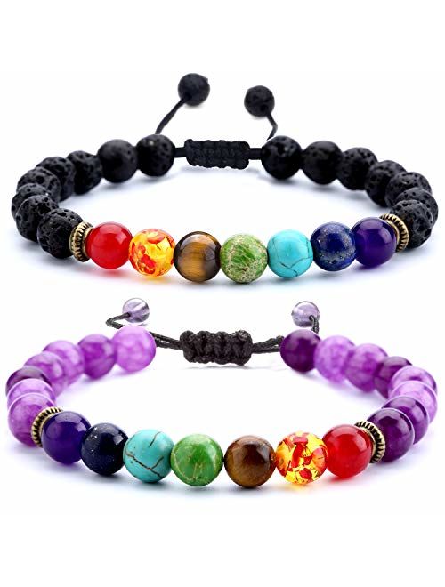 Hamoery Men Women 8mm Lava Rock 7 Chakras Aromatherapy Essential Oil Diffuser Bracelet Braided Rope Natural Stone Yoga Beads Bracelet Bangle