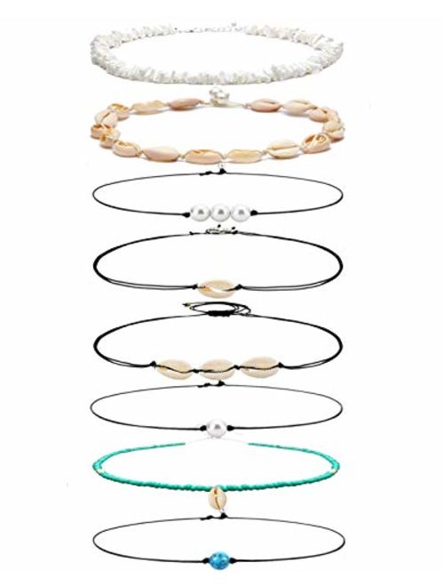 WAINIS 8PCS Bohemian Pearl Shell Beads Beach Choker Handmade Hawaii Wakiki Clavicle Necklace Set for Women