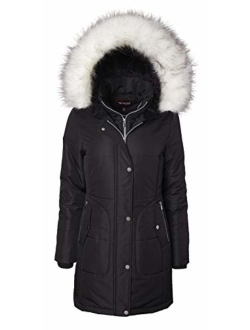 Women's Long Quilted Down Alternative Vestee Puffer Jacket Fur Trim Plush Hood