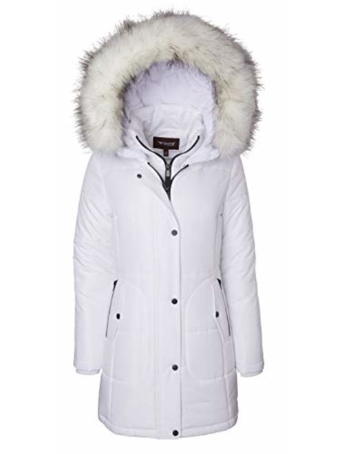 Women's Long Quilted Down Alternative Vestee Puffer Jacket Fur Trim Plush Hood