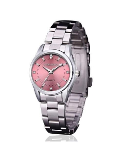 Women Lady Dress Analog Quartz Watch with Stainless Steel Band, Casual Fashion Waterproof Watches Roman Numeral Diamond Rhinestone Luminous Wristwatch - Pink