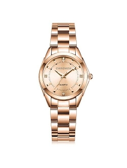 Women Lady Dress Analog Quartz Watch with Stainless Steel Band, Casual Fashion Waterproof Watches Roman Numeral Diamond Rhinestone Luminous Wristwatch - Pink