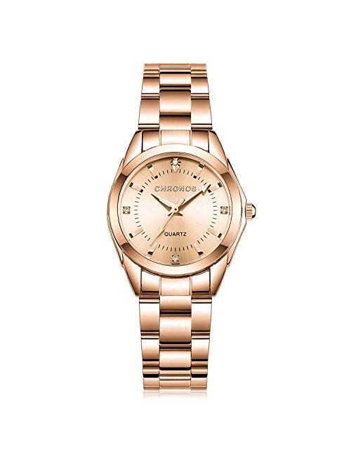 Women Lady Dress Analog Quartz Watch with Stainless Steel Band, Casual Fashion Waterproof Watches Roman Numeral Diamond Rhinestone Luminous Wristwatch - Pink