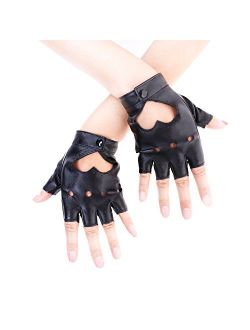 JISEN Women Heart Cutout Punk Half Finger PU Leather Performance Gloves