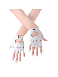 JISEN Women Heart Cutout Punk Half Finger PU Leather Performance Gloves