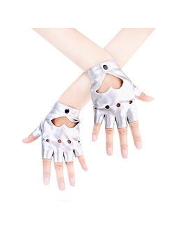 JISEN Women Heart Cutout Punk Half Finger PU Leather Performance Gloves