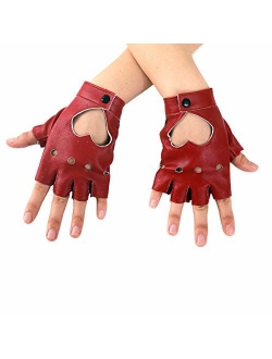 JISEN Women Heart Cutout Punk Half Finger PU Leather Performance Gloves