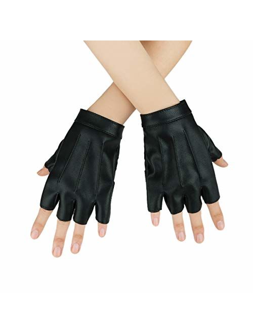 JISEN Women Heart Cutout Punk Half Finger PU Leather Performance Gloves