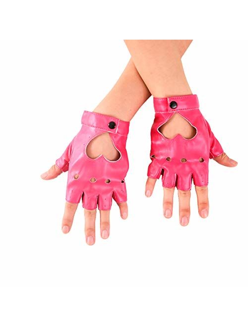 JISEN Women Heart Cutout Punk Half Finger PU Leather Performance Gloves