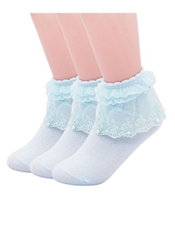 SEMOHOLLI Women Ankle Socks,Pearl Lace Ruffle Frilly Comfortable No-Show Cotton Socks Princess Socks Lace Socks