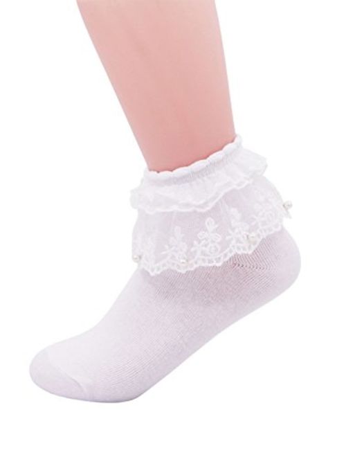 SEMOHOLLI Women Ankle Socks,Pearl Lace Ruffle Frilly Comfortable No-Show Cotton Socks Princess Socks Lace Socks