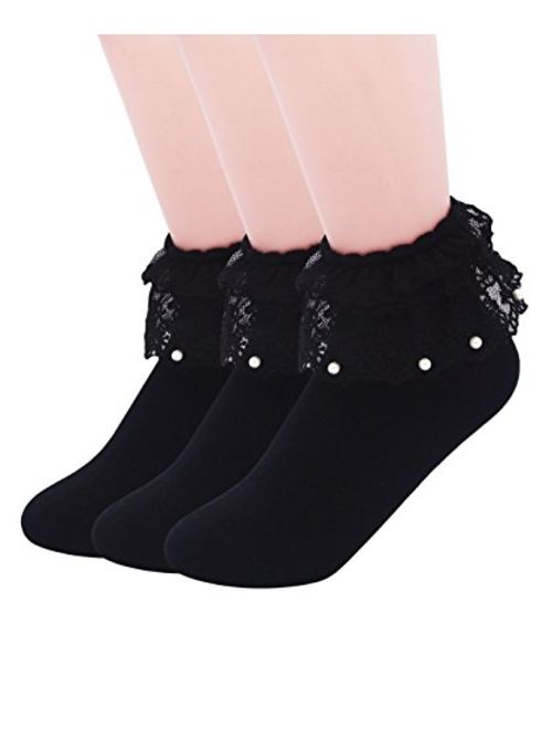 SEMOHOLLI Women Ankle Socks,Pearl Lace Ruffle Frilly Comfortable No-Show Cotton Socks Princess Socks Lace Socks