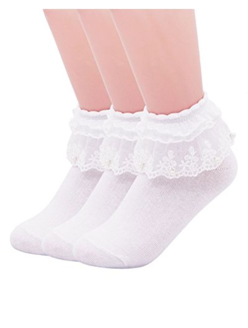 SEMOHOLLI Women Ankle Socks,Pearl Lace Ruffle Frilly Comfortable No-Show Cotton Socks Princess Socks Lace Socks