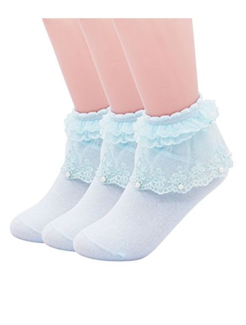 SEMOHOLLI Women Ankle Socks,Pearl Lace Ruffle Frilly Comfortable No-Show Cotton Socks Princess Socks Lace Socks