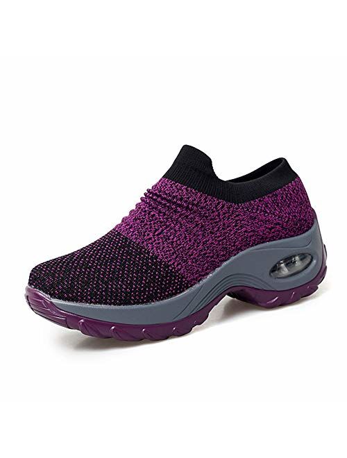 DUOYANGJIASHA Womens Comfortable Walking Shoes Breathable Mesh Slip On Air Cushion Tennis Sock Sneakers Shoe Casual Running Shoes Wedge Platform Loafers