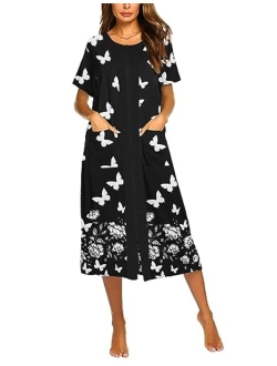 Zipper Front Housecoat Short Sleeve & Half Sleeve Zip Nightgown Long Housedress with Pockets