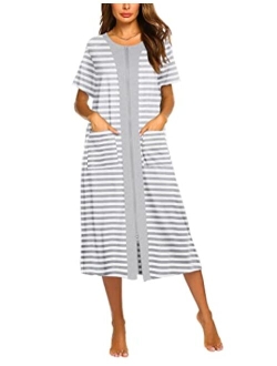 Zipper Front Housecoat Short Sleeve & Half Sleeve Zip Nightgown Long Housedress with Pockets