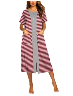 Zipper Front Housecoat Short Sleeve & Half Sleeve Zip Nightgown Long Housedress with Pockets