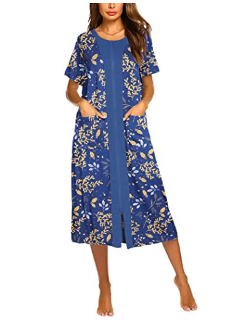 Ekouaer Zipper Front Housecoat Short Sleeve & Half Sleeve Zip Nightgown Long Housedress with Pockets