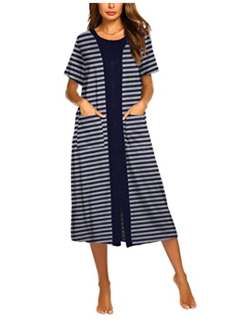 Ekouaer Zipper Front Housecoat Short Sleeve & Half Sleeve Zip Nightgown Long Housedress with Pockets