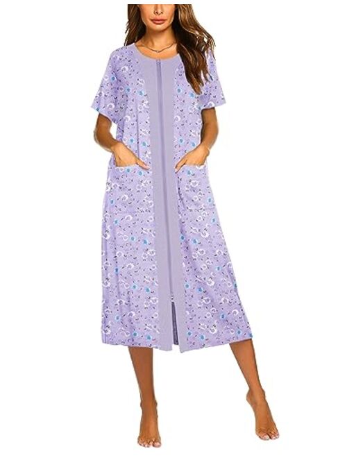 Ekouaer Zipper Front Housecoat Short Sleeve & Half Sleeve Zip Nightgown Long Housedress with Pockets