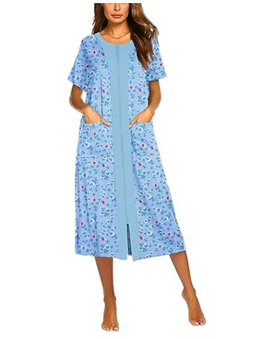 Ekouaer Zipper Front Housecoat Short Sleeve & Half Sleeve Zip Nightgown Long Housedress with Pockets