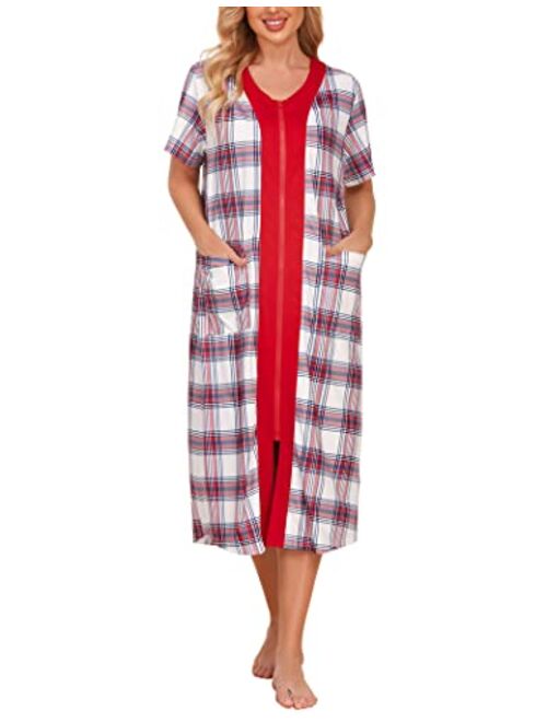 Ekouaer Zipper Front Housecoat Short Sleeve & Half Sleeve Zip Nightgown Long Housedress with Pockets