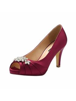 ERIJUNOR Peep Toe Mid Heels for Woman Rhinestones Satin Evening Prom Wedding Shoes