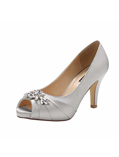 ERIJUNOR Peep Toe Mid Heels for Woman Rhinestones Satin Evening Prom Wedding Shoes