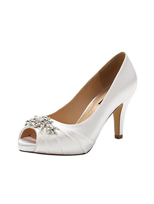 ERIJUNOR Peep Toe Mid Heels for Woman Rhinestones Satin Evening Prom Wedding Shoes