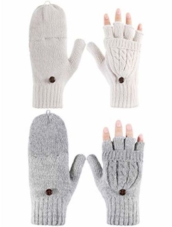Tatuo 2 Pairs Women Fingerless Mittens Winter Convertible Gloves Knitted Half Finger Gloves with Cover