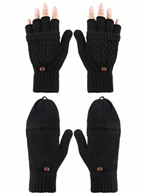 Tatuo 2 Pairs Women Fingerless Mittens Winter Convertible Gloves Knitted Half Finger Gloves with Cover