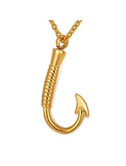 HooAMI Fish Hook Memorial Ash Urn Necklace Stainless Steel Cremation Jewelry