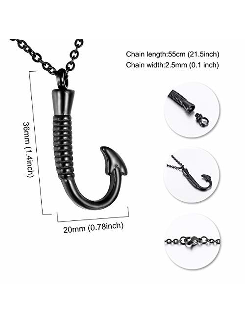 HooAMI Fish Hook Memorial Ash Urn Necklace Stainless Steel Cremation Jewelry