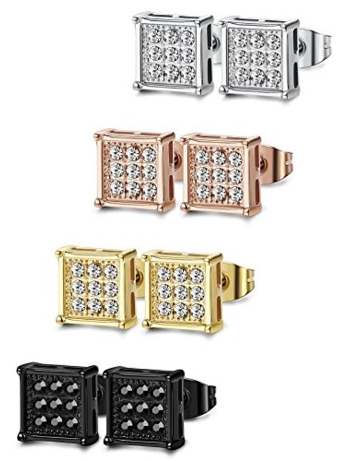 FIBO STEEL 4-8 Pairs Stainless Steel Stud Earrings for Men Women Square CZ Earrings,6-8MM