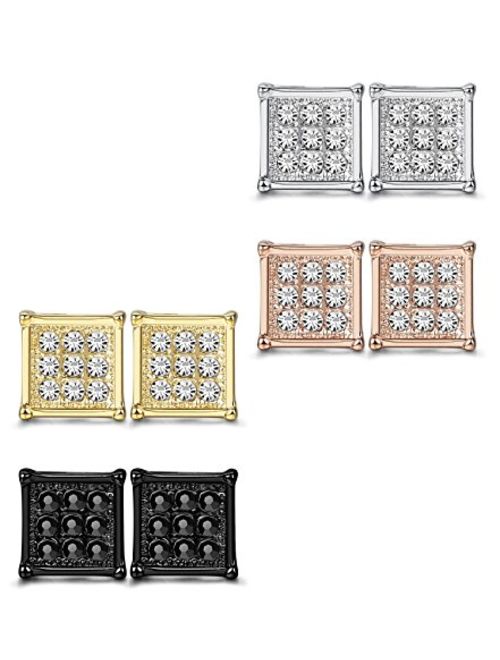 FIBO STEEL 4-8 Pairs Stainless Steel Stud Earrings for Men Women Square CZ Earrings,6-8MM