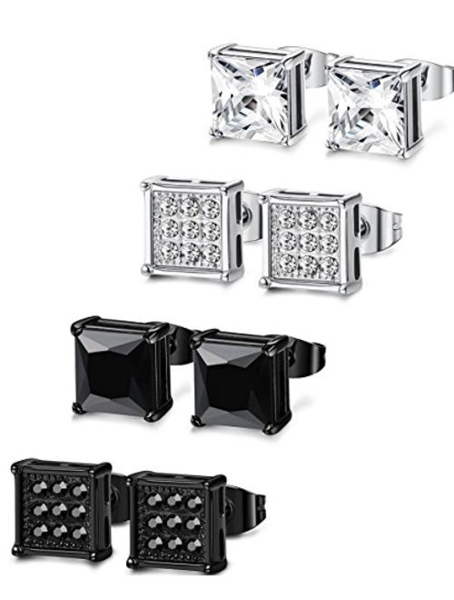 FIBO STEEL 4-8 Pairs Stainless Steel Stud Earrings for Men Women Square CZ Earrings,6-8MM