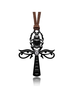 Karsee Egyptian Ankh Cross Pendant Necklace Horus Eye and Scarab Jewelry Gifts Leather Cord Adjustable