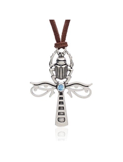 Karsee Egyptian Ankh Cross Pendant Necklace Horus Eye and Scarab Jewelry Gifts Leather Cord Adjustable