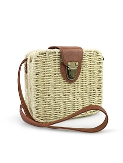 Hoxis Retro Straw Portable Small Box Woven Womens Cross Body Bag Shoulder Messenger Satchel